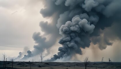 Concept of war and disaster, smoke rises in the distance of an empty landscape.