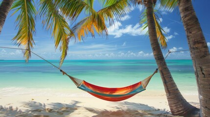 Naklejka premium Hammock Swinging A colorful hammock hangs between two palm trees on a pristine white sand beach. Crystal clear turquoise waters gently coast along the shore.