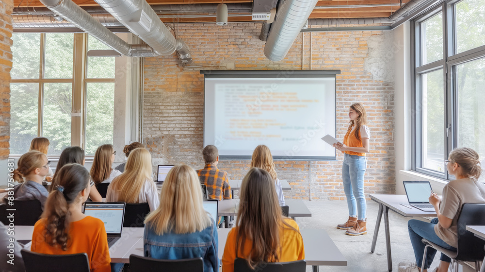 Poster a classroom setting with a female presenter and attentive students, on a brick wall and window backg