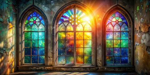 Fototapeta premium Weathered stained glass window with colorful lens flare and distressed background , weathered, stained glass, colorful