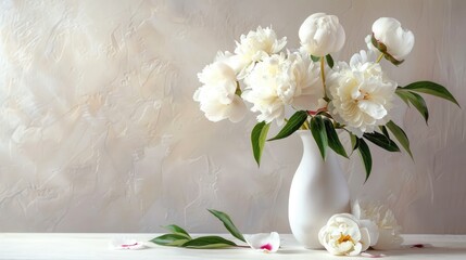 White peonies in a vase fallen leaves on vintage white table space for writing