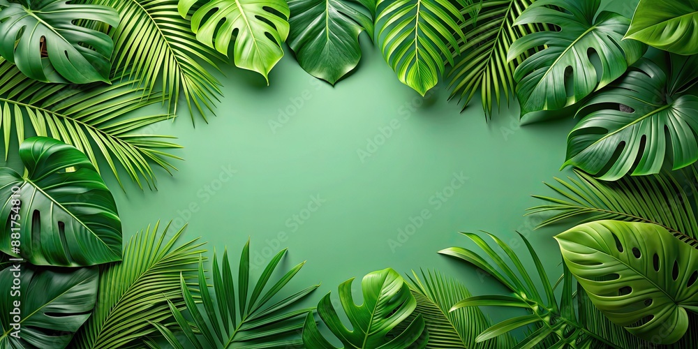 Sticker Tropical green leaves background, nature, lush, tropical, foliage, vibrant, vibrant green, forest, exotic, jungle