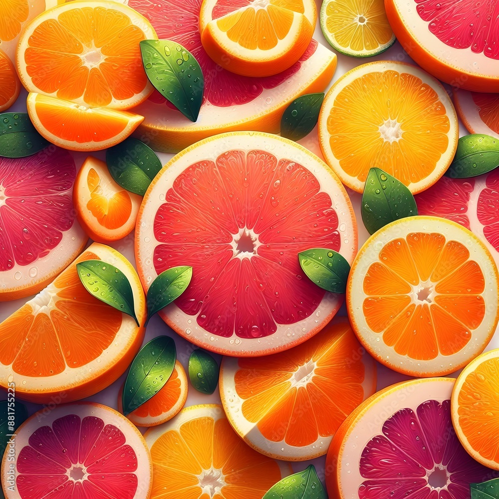 Poster close-up view of various citrus fruit slices, such as oranges and grapefruits, arranged in a visuall