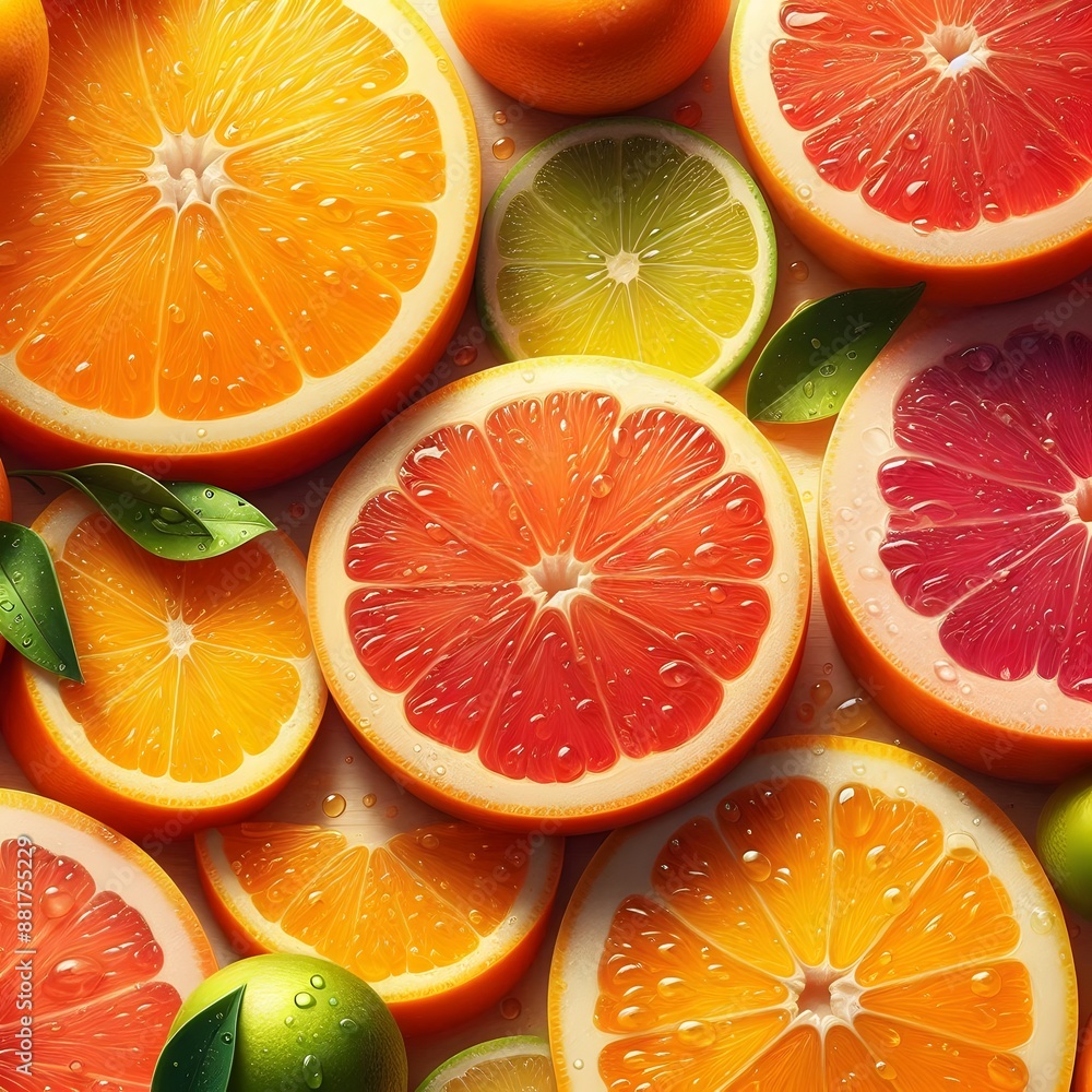 Poster close-up view of various citrus fruit slices, such as oranges and grapefruits, arranged in a visuall