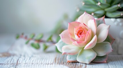 Close up of a flower and cactus on a wooden table with white background