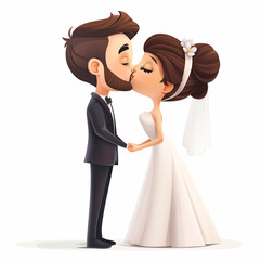 Romantic Bride and Groom Cartoon Characters Kissing on White Background | Wedding Clipart