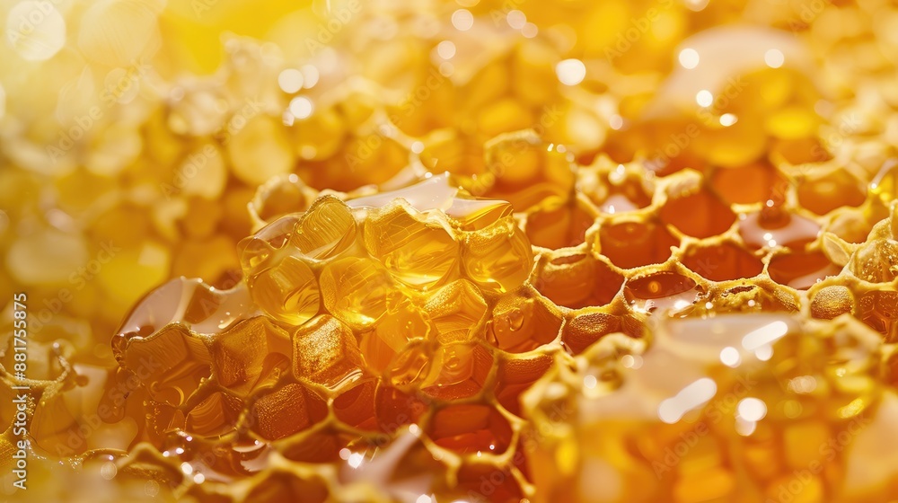 Aufkleber close up of honeycombs filled with golden honey on a wax background