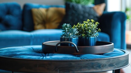 Close up of a round serving tray handle on a blue ottoman and coffee table