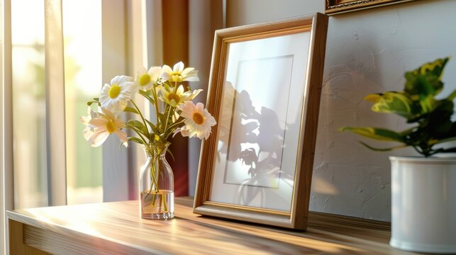 Close up photo frame on table at home