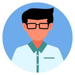 flat icon avatar. Glasses face and with blue shirt. boy with black short straight up hair. student or office profile picture with blue circle border.