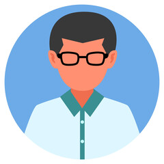 flat icon avatar. no face and with blue shirt. glasses boy semi bald short hair. for student or office profile picture with blue circle border.