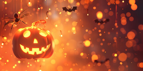 Glowing Halloween Pumpkin Lantern  Spooky Jack-O'-Lantern with Bats and Spiders in a Festive Autumn Night Scene