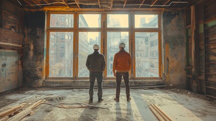 Fototapeta premium Two Construction Workers Reviewing Site. Two construction workers wearing hard hats, standing in a partially constructed building, reviewing the site and planning their next steps.