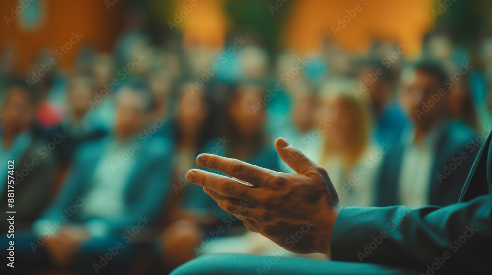 Poster close-up of an outstretched hand in focus with a blurred audience in the background, portraying the 