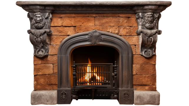 Vintage old fashioned fireplace on transparent background.


