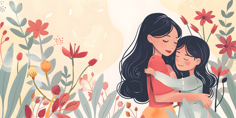 Heartwarming Mother and Daughter Hugging in a Flower Garden   Illustration of Love, Family Bonding, and Nature's Beauty