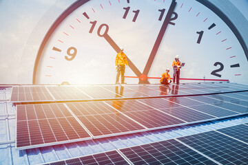 Engineer Team Service Maintenance Solar Panel at Industry roof overlay time clock for Time to...