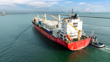 Aerial view containers ship cargo business commercial logistic and transportation international import export by container freight cargo ship in open seaport, business and industry service 