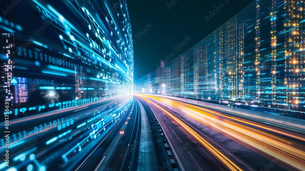 Poster Digital data flow on road with motion blur to create vision of fast speed transfer  Concept of future digital transformation  disruptive innovation and agile business methodology : Generative AI