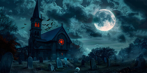 Haunted Church with Red Stained Glass Under Full Moon   Spooky Halloween Scene with Eerie Clouds, Bats, and Creepy Graveyard