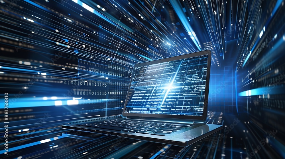 Poster the captivating world of digital technologyExplore the power of laptops data and modern connectivity as they shape our lives Journey into the realms of online communication data securi : Generative AI