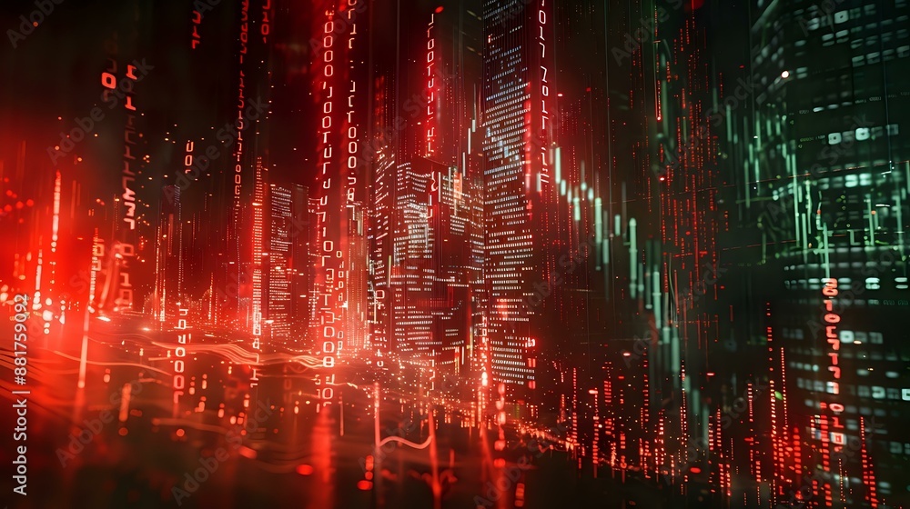 Poster interactive display of market crash with tumbling numbers and red alert signals