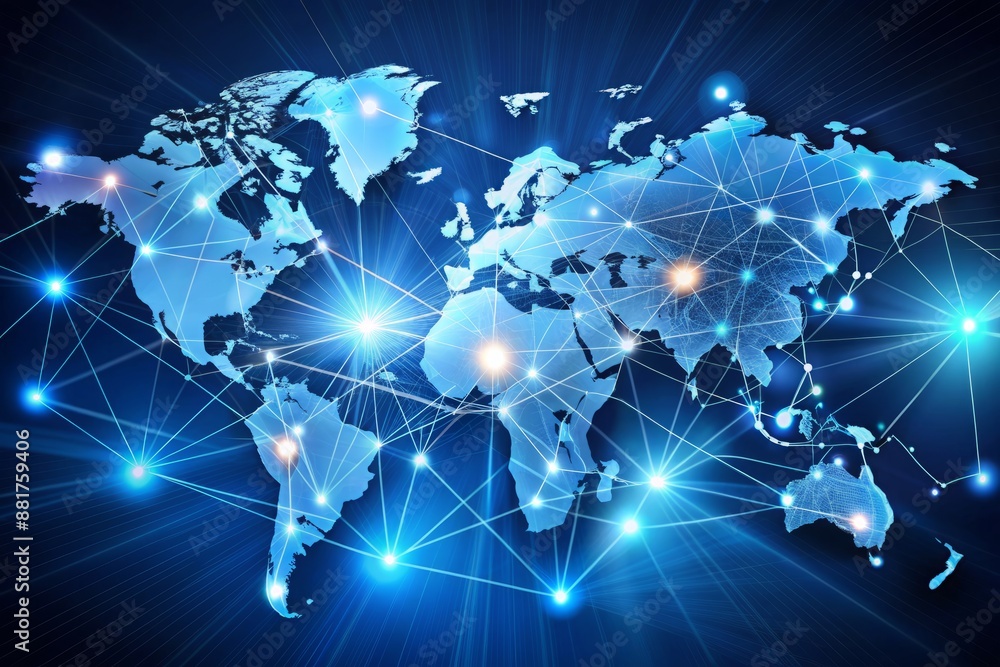 Poster united global partnerships symbolized by interconnected blockchain nodes and a map, emphasizing the 