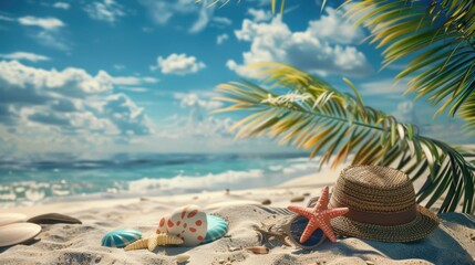 Obraz premium A hat and seashells found on a sunny sandy beach, useful for travel or vacation themed projects