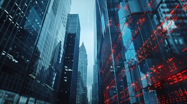 Double exposure of abstract virtual binary code hologram on New York city skyscrapers background Database and programming concept : Generative AI