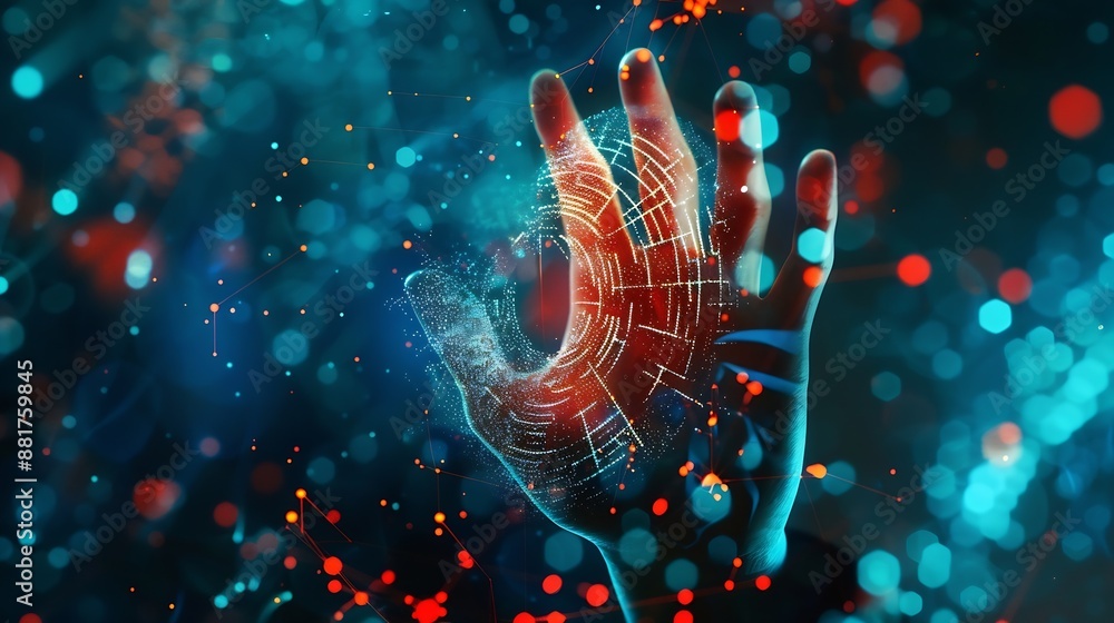 Poster Double exposure of abstract creative fingerprint hologram and hand with cell phone on background research and development concept : Generative AI