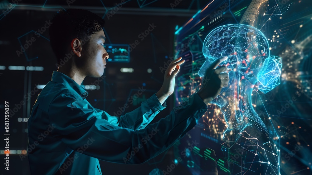 Poster professional in a teal shirt demonstrating artificial intelligence technology using interactive digital graphics : Generative AI