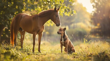 A dog and a horse Friendship of a dog and a horse in nature : Generative AI
