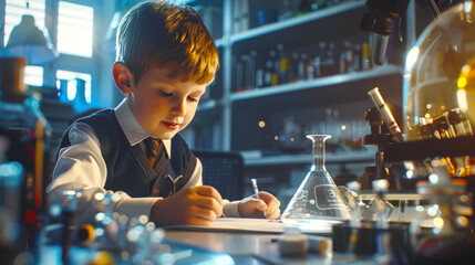 A boy in a school uniform is working on a school chemistry project. The student is engaged in independent work in the school laboratory with various scientific equipment