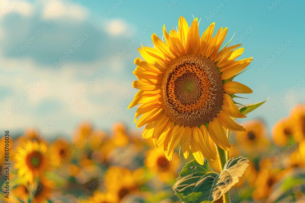 Poster a bright and cheerful scene of sunflowers growing in a sunny field, suitable for use as a background