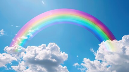 Colorful rainbow and white clouds against a blue sky