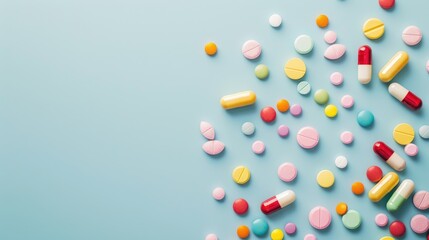 Colorful medical pills on blue background with copy space