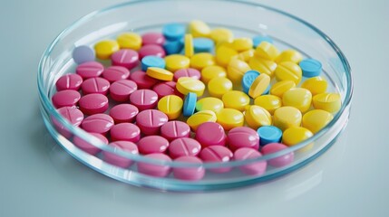 Colorful Pills in Petri Dish for Healthcare Support and Pharmaceutical Research