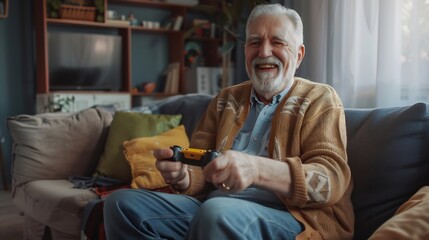 Funny retirement elderly smile sitting on sofa life gaming lifestyle senior old man enjoying holding joystick playing video game at home gamer mature man hands using game controller pl : Generative AI
