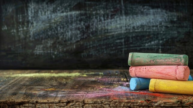 Colorful chalks duster on wooden table near black board with text space