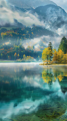 Fototapeta premium Beautiful autumn scene of a lake. Colorful morning view 