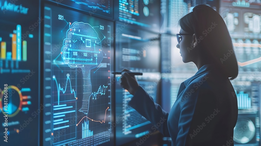 Fototapete Artificial Intelligence AI data tech analytics for kpi accounting big complex business technology algorithm system software website tool write command prompt digital internet support c : Generative AI
