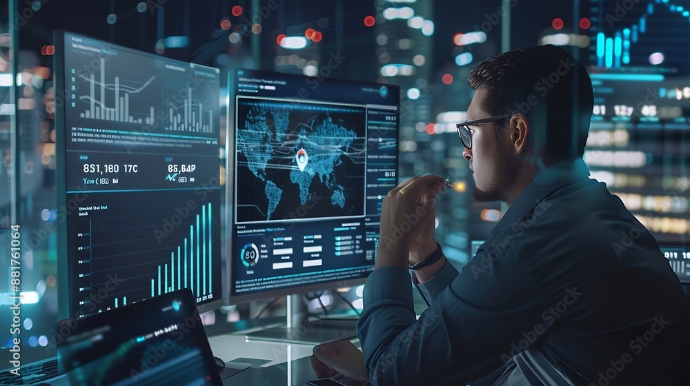Fototapete Businessman analysis enterprise data management by AI artificial intelligence technology Business analytics dashboard charts metrics KPI to improve insight report for operation Analyst : Generative AI