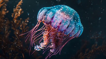 Fototapeta premium Chrysaora achlyos colorata or purplestriped jellyfish lives in water of coast of California close up : Generative AI