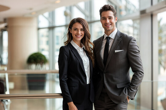 Confident business professionals in formal attire standing together in a modern office building, smiling at the camera, showcasing teamwork and success