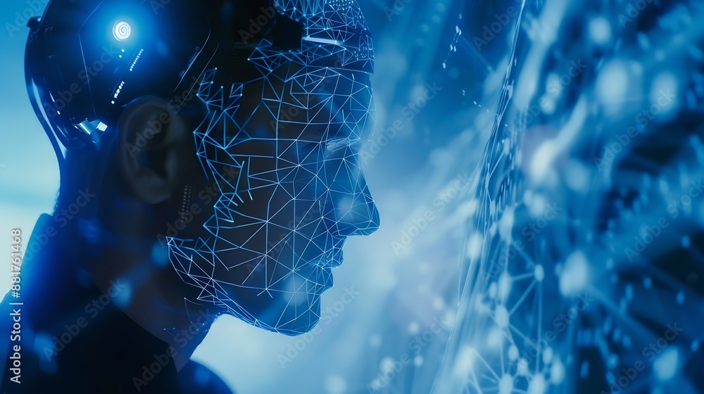 Poster Ai technology Artificial Intelligence man using technology smart robot AI artificial intelligence by enter command prompt for generates something Futuristic technology transformation C : Generative AI