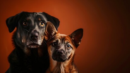 Obraz premium Brown cat and dog together looking at the camera against dark orange background : Generative AI