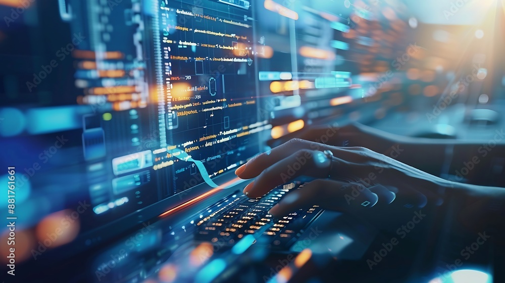 Leinwandbilder A software development designer or programmer is typing on a computer to create an application using an abstract code language in simulation Digital cyber security technology concept : Generative AI