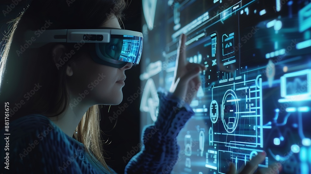 Poster woman with futuristic tablet in hand girl in glasses of virtual reality presses start button augment