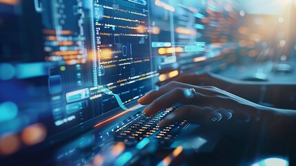 A software development designer or programmer is typing on a computer to create an application using an abstract code language in simulation Digital cyber security technology concept : Generative AI