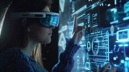 Woman with futuristic tablet in hand Girl in glasses of virtual reality presses start button Augmented reality future technology AI concept Holographic interface to display data Dark b : Generative AI